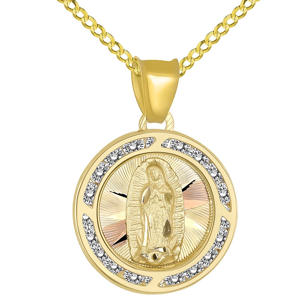 14k Yellow Gold Round CZ Religious Our Lady of Guadalupe Mary Medal Pendant Cuban Chain Necklace