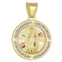 Load image into Gallery viewer, 14k Yellow Gold Round CZ Religious Our Lady of Guadalupe Mary Medal Pendant Figaro Chain Necklace
