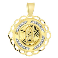 Load image into Gallery viewer, 14k Yellow Gold Round CZ Religious Our Lady of Guadalupe Mary Medal Charm Pendant Cuban Chain Necklace
