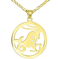 Load image into Gallery viewer, Solid 14k Yellow Gold Round Capricorn Zodiac Sign Goat Cut-Out Disc Pendant with Figaro Chain Necklace
