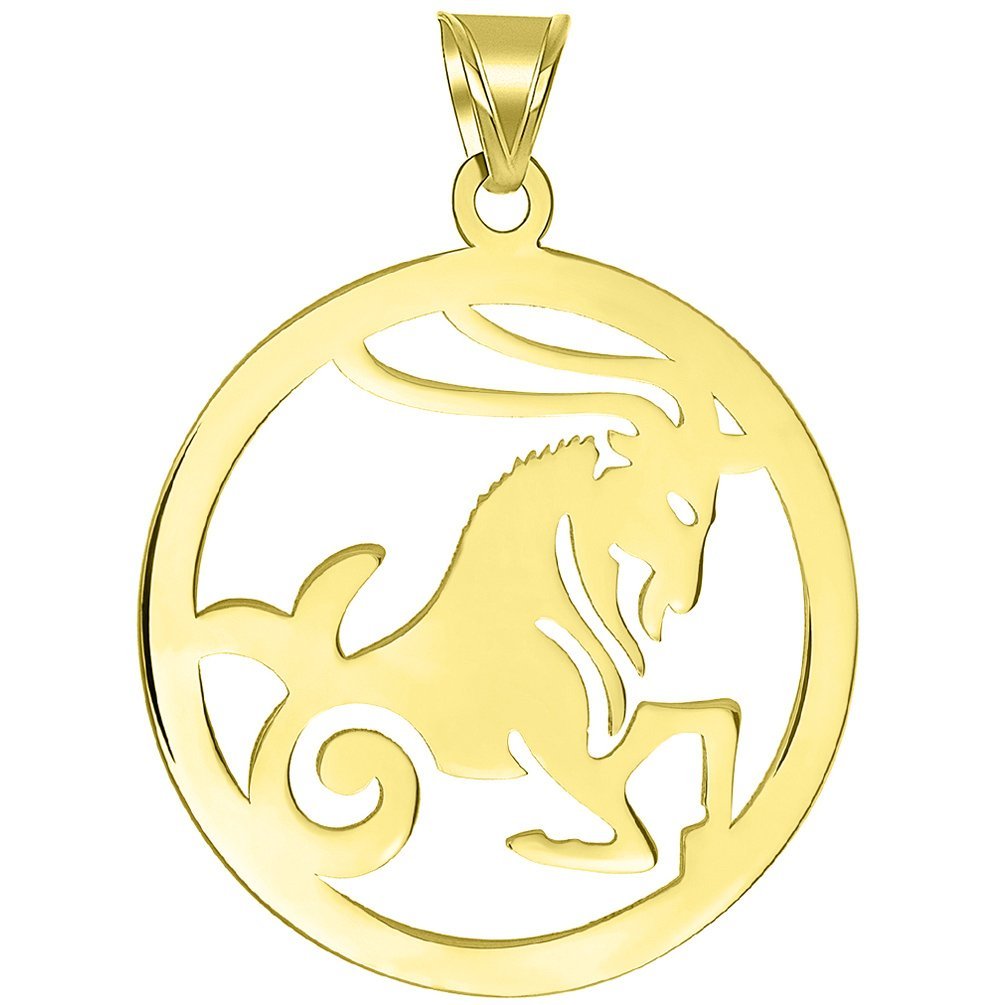 Solid 14k Yellow Gold Round Capricorn Zodiac Sign Goat Cut-Out Disc Pendant