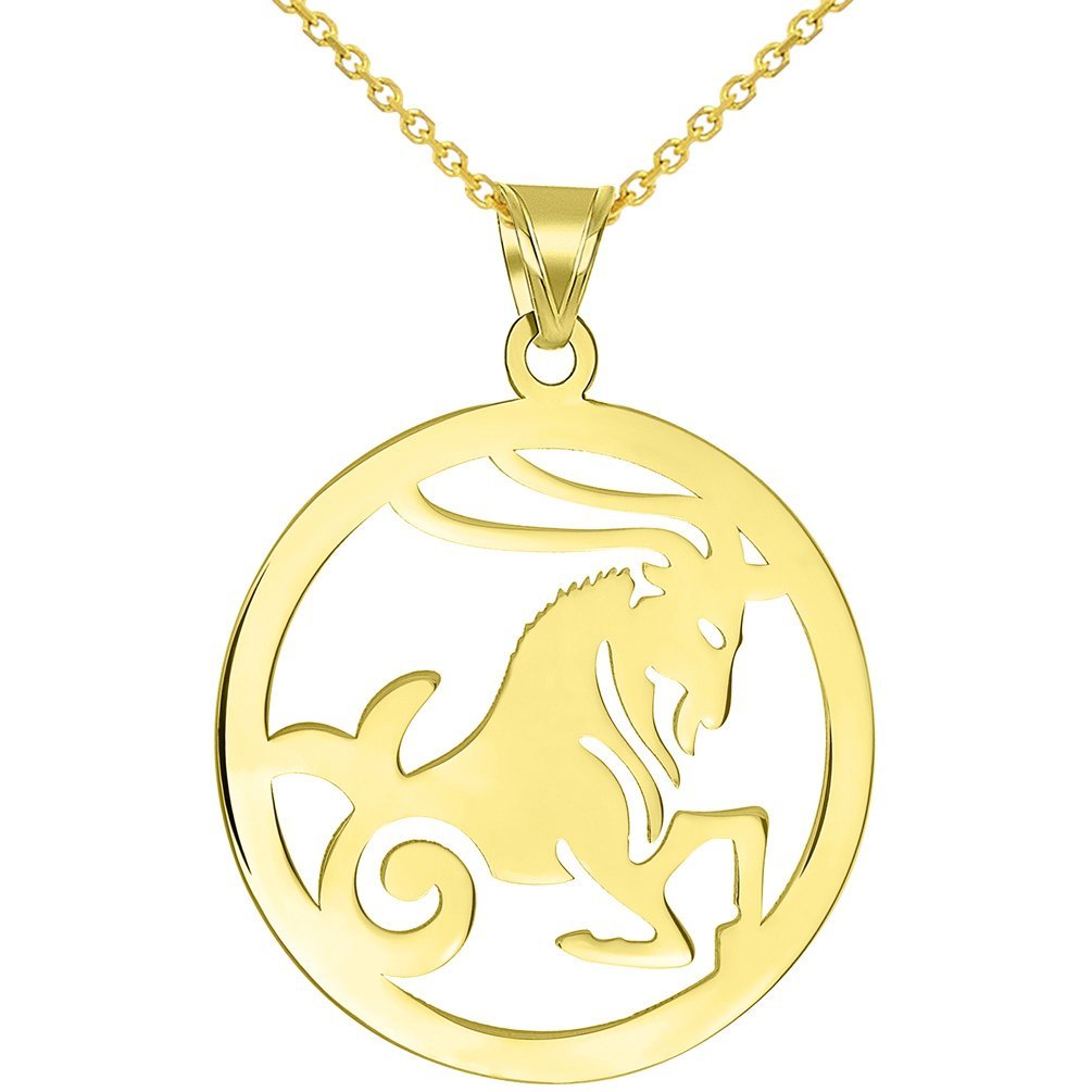Solid 14k Yellow Gold Round Capricorn Zodiac Sign Goat Cut-Out Disc Pendant Necklace