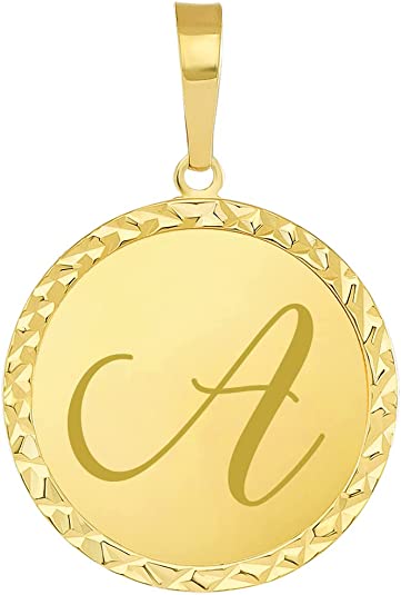 14k Yellow Gold Personalized Round Elegant Script Letter Cursive Initial Disc Pendant - A to Z (Small)