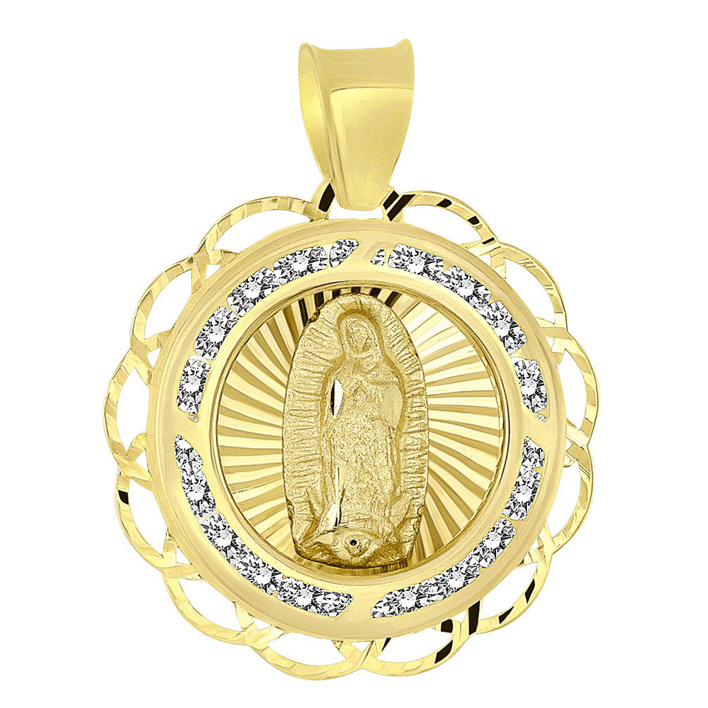 14k Yellow Gold Round Fancy Our Lady of Guadalupe Mary Medallion Charm Pendant with Cubic Zirconia Gemstones