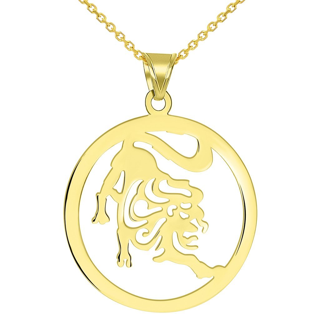 Solid 14k Yellow Gold Round Leo Zodiac Symbol Cut-Out Lion Pendant Necklace