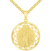 Load image into Gallery viewer, 14k Yellow Gold Round Open Ornate Miraculous Medal of Virgin Mary Pendant with Cuban Chain Curb Necklace
