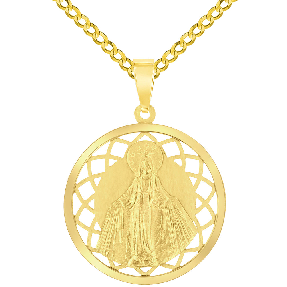 14k Yellow Gold Round Open Ornate Miraculous Medal of Virgin Mary Pendant with Cuban Chain Curb Necklace