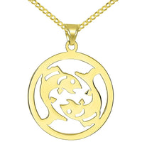 Load image into Gallery viewer, Solid 14k Yellow Gold Round Pisces Zodiac Symbol Cut-Out Fish Pendant with Cuban Chain Necklace
