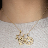 Load image into Gallery viewer, 14k Yellow Gold Round Rope Style Jewish Star of David with Chai Symbol Pendant
