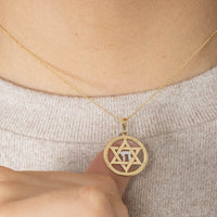 Load image into Gallery viewer, 14k Yellow Gold Round Rope Style Jewish Star of David with Chai Symbol Pendant Necklace
