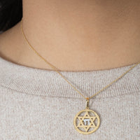 Load image into Gallery viewer, 14k Yellow Gold Round Rope Style Jewish Star of David with Chai Symbol Pendant Necklace
