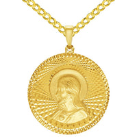 Load image into Gallery viewer, 14k Yellow Gold Round Sacred Heart of Jesus Charm Textured Medallion Pendant with Cuban Link Curb Chain Necklace - 3 Sizes
