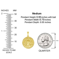 Load image into Gallery viewer, 14k Yellow Gold Round Sacred Heart of Jesus Charm Textured Medallion Pendant with Figaro Chain Necklace - 3 Sizes
