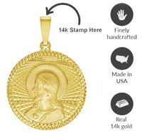 Load image into Gallery viewer, 14k Yellow Gold Round Sacred Heart of Jesus Charm Textured Medallion Pendant with Figaro Chain Necklace - 3 Sizes

