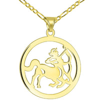 Load image into Gallery viewer, Solid 14k Yellow Gold Round Sagittarius Zodiac Sign Cut-Out Disc Pendant with Figaro Chain Necklace
