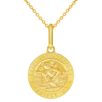 Load image into Gallery viewer, Solid 14k Yellow Gold Round Small Saint Christopher Protect Us Medal Pendant Necklace
