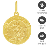 Load image into Gallery viewer, Solid 14k Yellow Gold Round Saint Christopher Protect Us Medal Pendant with Cuban Curb Chain Necklace - 3 Sizes
