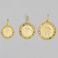 Load image into Gallery viewer, Solid 14k Yellow Gold Round Saint Christopher Protect Us Medal Pendant with Figaro Chain Necklace - 3 Sizes
