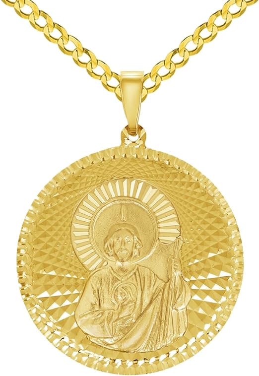 14k Yellow Gold Round Shaped Saint Jude Charm Textured Medallion Pendant with Cuban Link Curb Chain Necklace - 4 Sizes