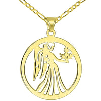 Load image into Gallery viewer, Solid 14k Yellow Gold Round Virgo Holding Wheat Zodiac Sign Cut-Out Disc Pendant with Figaro Chain Necklace
