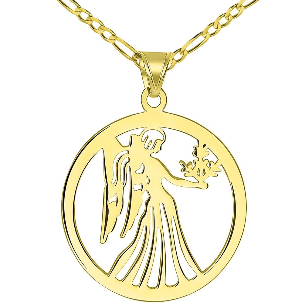 Solid 14k Yellow Gold Round Virgo Holding Wheat Zodiac Sign Cut-Out Disc Pendant with Figaro Chain Necklace