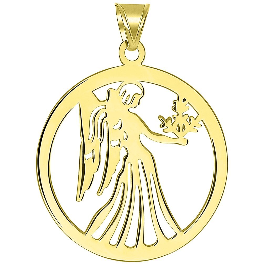 Solid 14k Yellow Gold Round Virgo Holding Wheat Zodiac Sign Cut-Out Disc Pendant