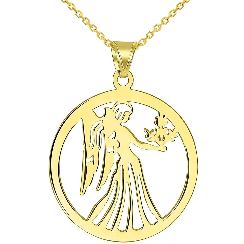 Solid 14k Yellow Gold Round Virgo Holding Wheat Zodiac Sign Cut-Out Disc Pendant Necklace