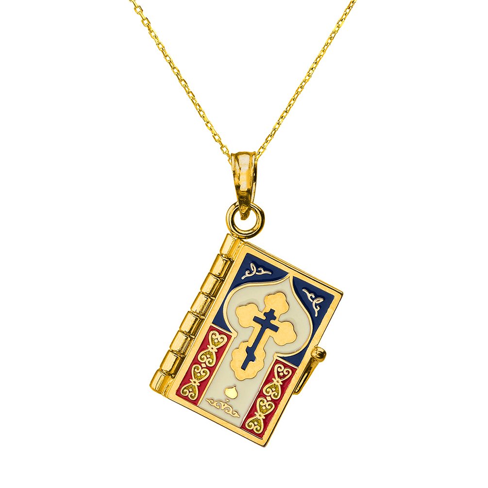 Jewelry America 14k Yellow Gold Russian Orthodox Bible Book Charm Holy Bible with Prayer Pendant Necklace