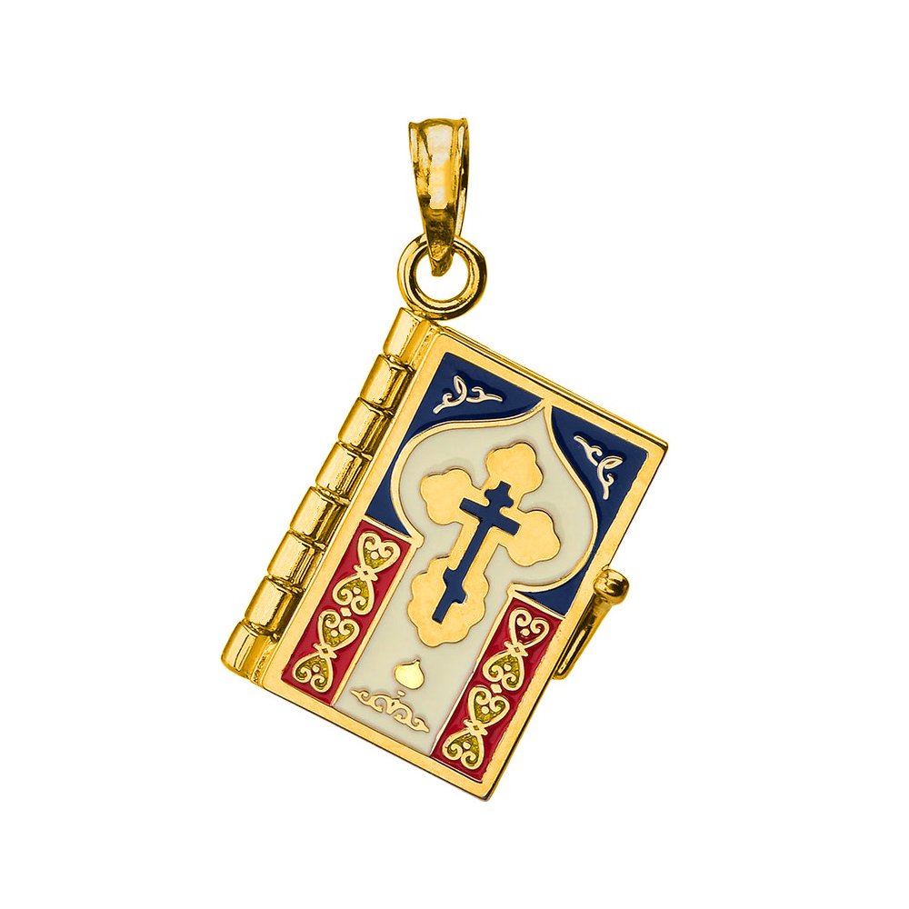 Jewelry America 14k Yellow Gold Russian Orthodox Bible Book Charm Holy Bible with Prayer Pendant