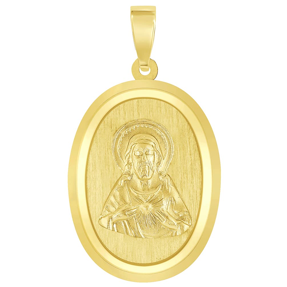 14k Yellow Gold Sacred Heart of Jesus Christ On Oval Miraculous Medal Pendant Necklace