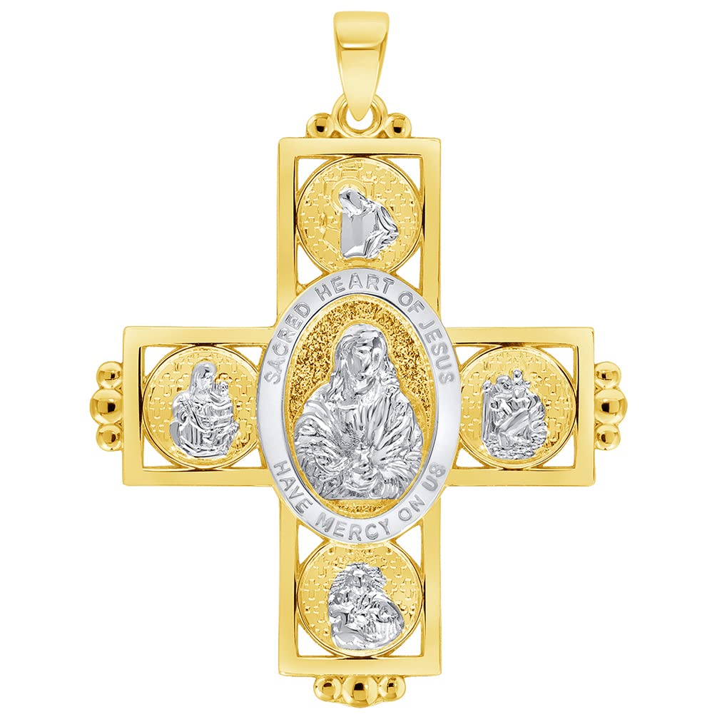 14k Yellow Gold Sacred Heart of Jesus Four Way Cross Miraculous Pendant