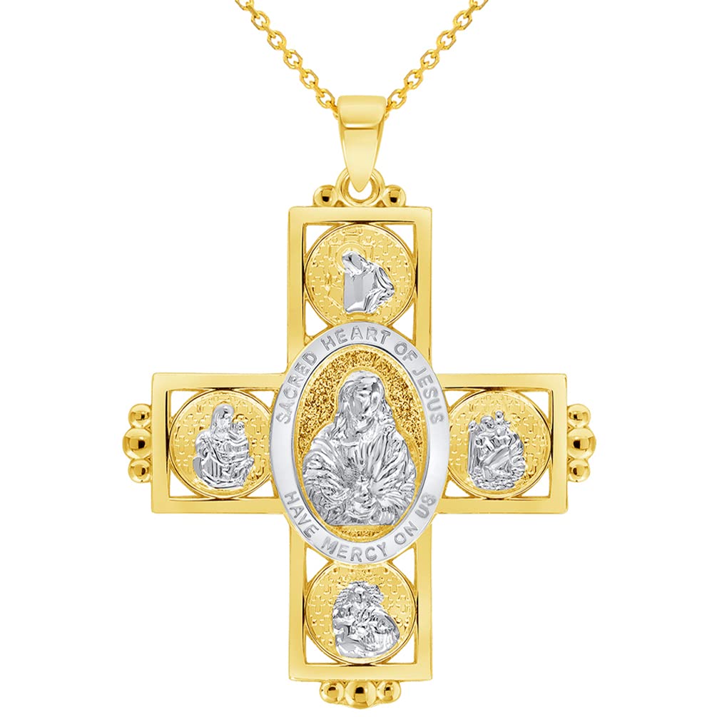 14k Yellow Gold Sacred Heart of Jesus Four Way Cross Miraculous Pendant with Cable, Curb, or Figaro Chain Necklaces