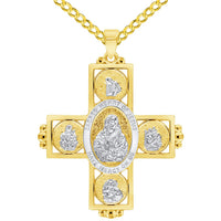 Load image into Gallery viewer, 14k Yellow Gold Sacred Heart of Jesus Four Way Cross Miraculous Pendant with Cable, Curb, or Figaro Chain Necklaces
