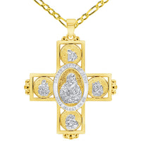 Load image into Gallery viewer, 14k Yellow Gold Sacred Heart of Jesus Four Way Cross Miraculous Pendant with Cable, Curb, or Figaro Chain Necklaces
