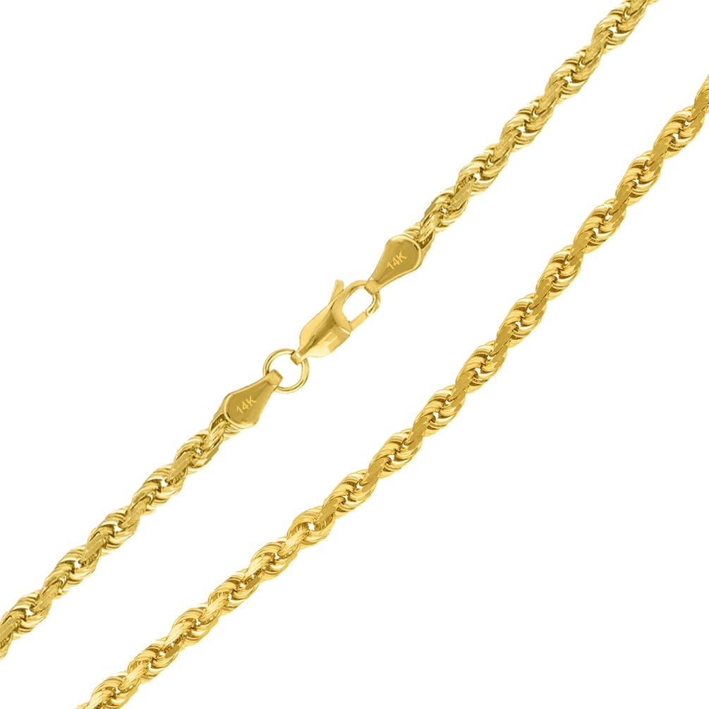 Semi-Solid 14k Yellow Gold 3.5mm Rope Chain Necklace with Lobster Claw