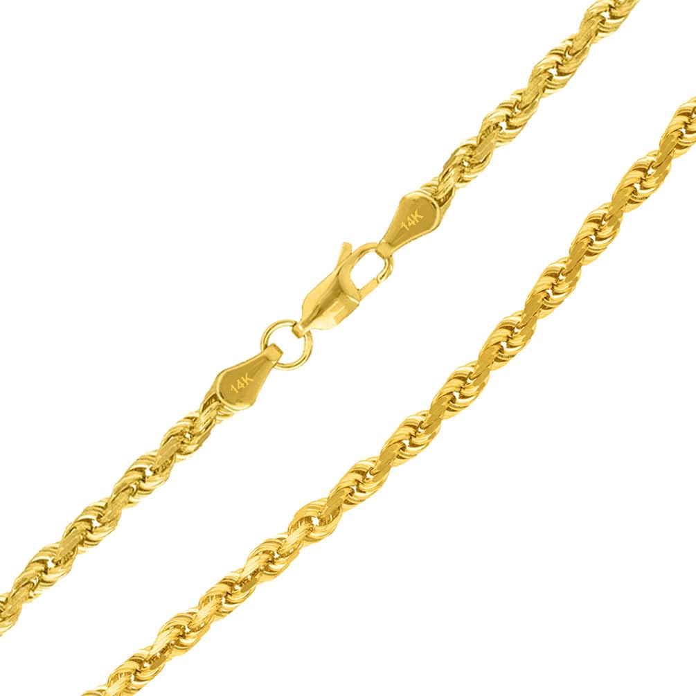 Semi-Solid 14k Yellow Gold 5mm Rope Chain Necklace with Lobster Claw Clasp