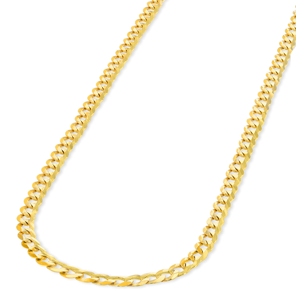 Solid 14K Yellow Gold 3mm Concave Cuban Link Curb Chain Necklace with Lobster Clasp