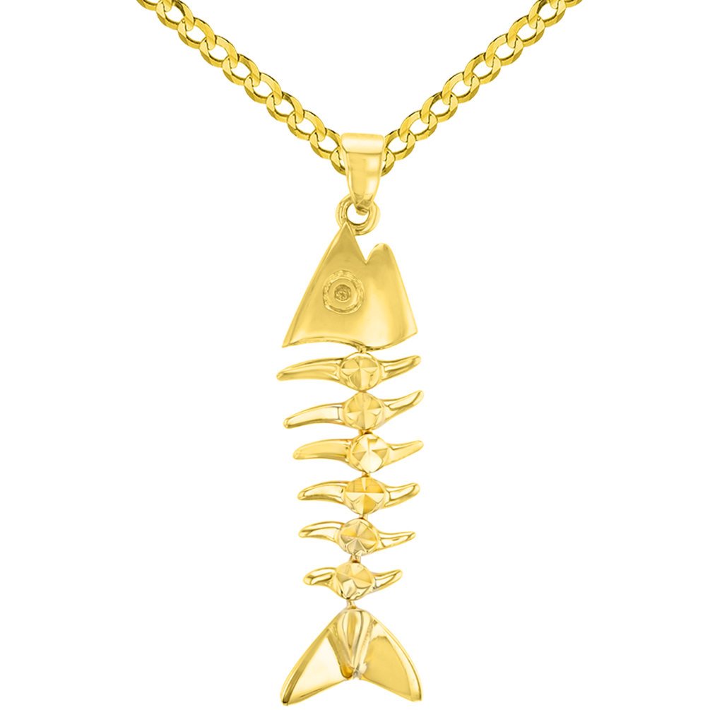 Solid 14K Yellow Gold Fishbones Pendant with Cuban Chain Necklace