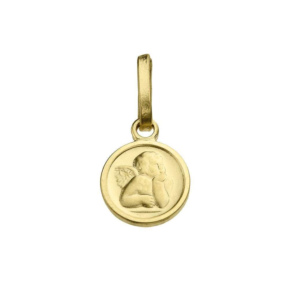 Solid 14K Yellow Gold Mini Round Guardian Angel Medallion Pendant