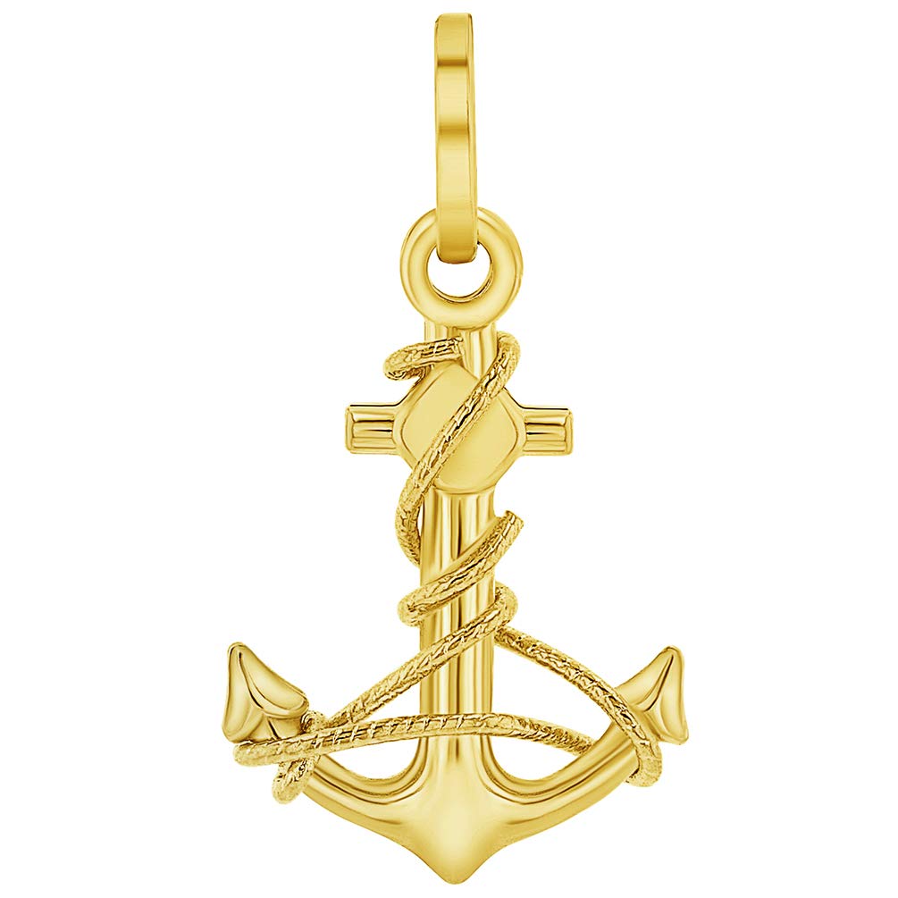 Jewelry America Solid 14K Yellow Gold Polished Navy Anchor with Rope Charm Pendant