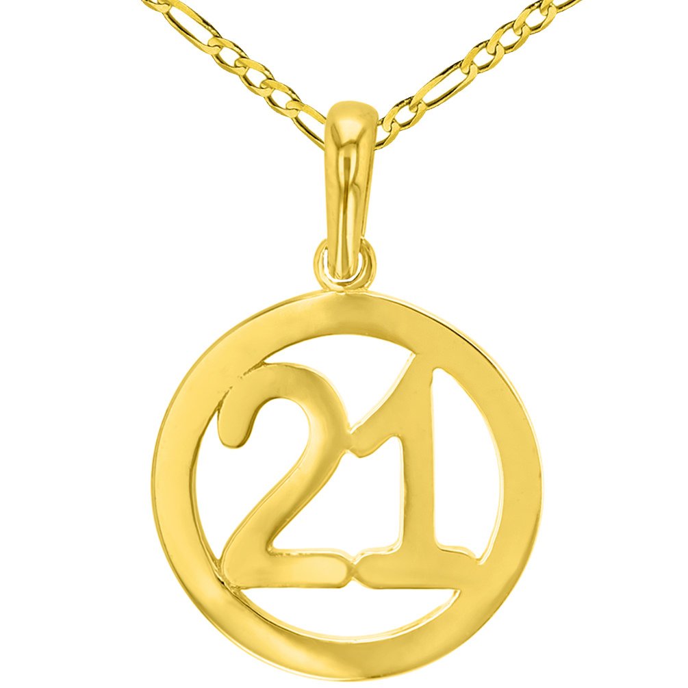 Solid 14K Yellow Gold Round Number Twenty One Charm Pendant with Figaro Chain Necklace