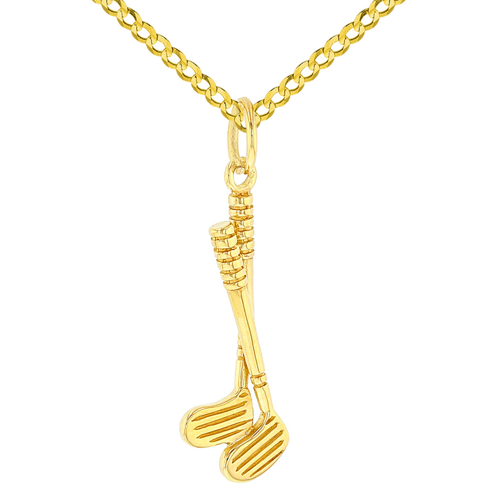 Solid 14K Yellow Gold Set of Golf Clubs Charm Sports Pendant Cuban Necklace