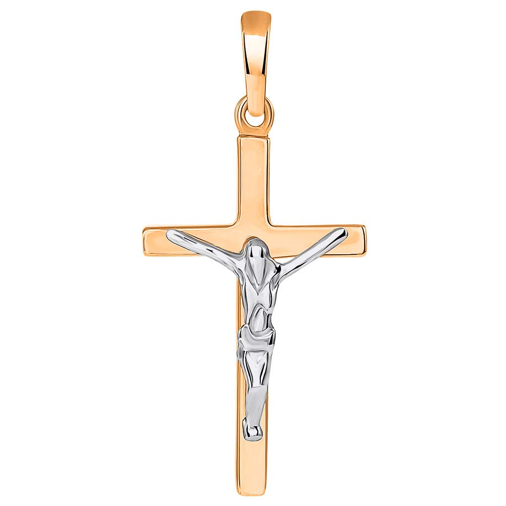 Solid 14K Rose Gold and White Gold Simple Cross Jesus Crucifix Charm Pendant