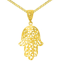 Load image into Gallery viewer, Solid 14K Yellow Gold Textured Filigree Hamsa Hand of Fatima Pendant Necklace
