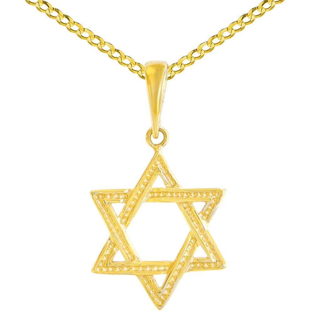 Solid 14K Yellow Gold Textured Jewish Star of David Charm Pendant Cuban Concave Necklace