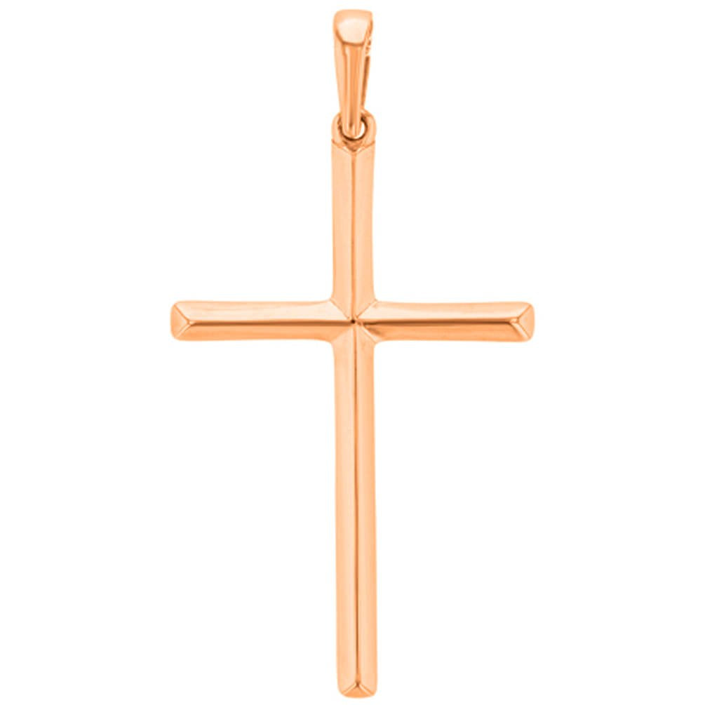 Solid 14K Rose Gold Slender Plain Cross Charm Pendant with High Polished Finish