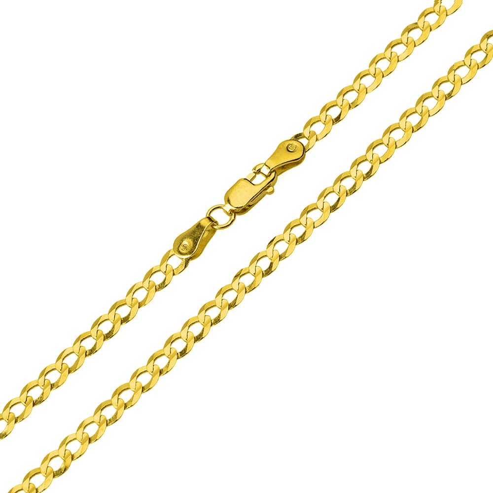 Solid 14K Yellow Gold 2mm Concave Link Curb Chain Necklace with Lobster Claw Clasp
