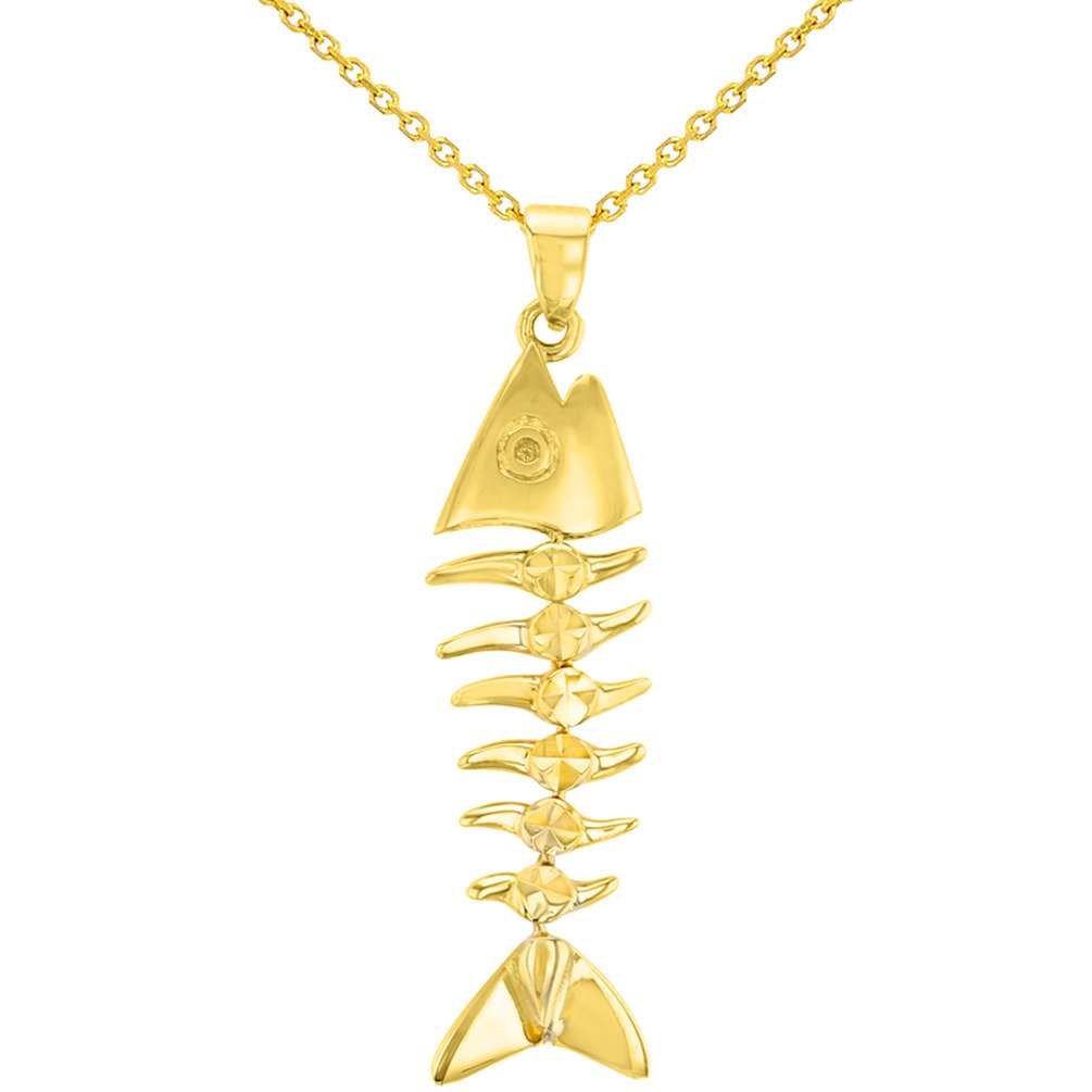 Solid 14K Yellow Gold Dangling Fishbones Pendant with Cable, Curb, or Figaro Chain Necklaces