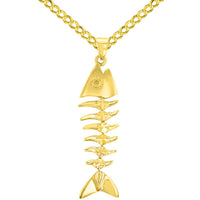 Load image into Gallery viewer, Solid 14K Yellow Gold Dangling Fishbones Pendant with Cable, Curb, or Figaro Chain Necklaces
