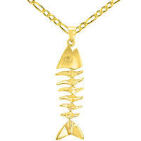 Load image into Gallery viewer, Solid 14K Yellow Gold Dangling Fishbones Pendant with Cable, Curb, or Figaro Chain Necklaces
